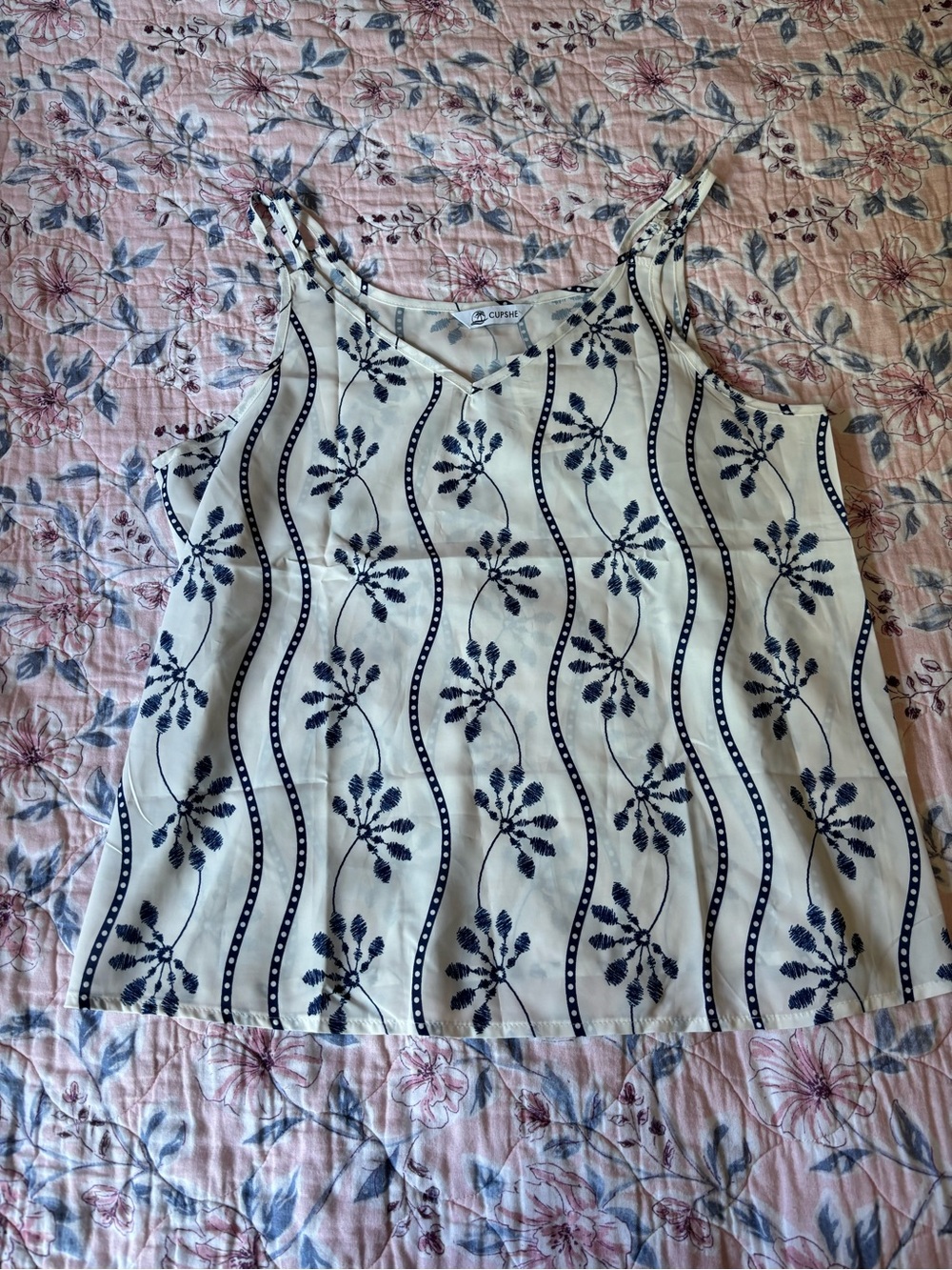 Cupshe Cream Tank Top with Navy Floral Stripes